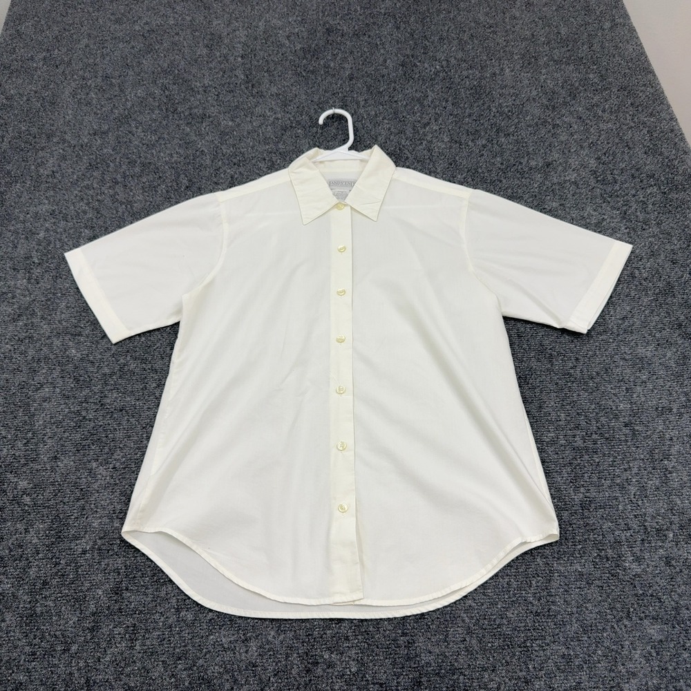 Vintage Lands End Shirt Women 8 Cream Cotton Blend Short Sleeve Button Up Office
